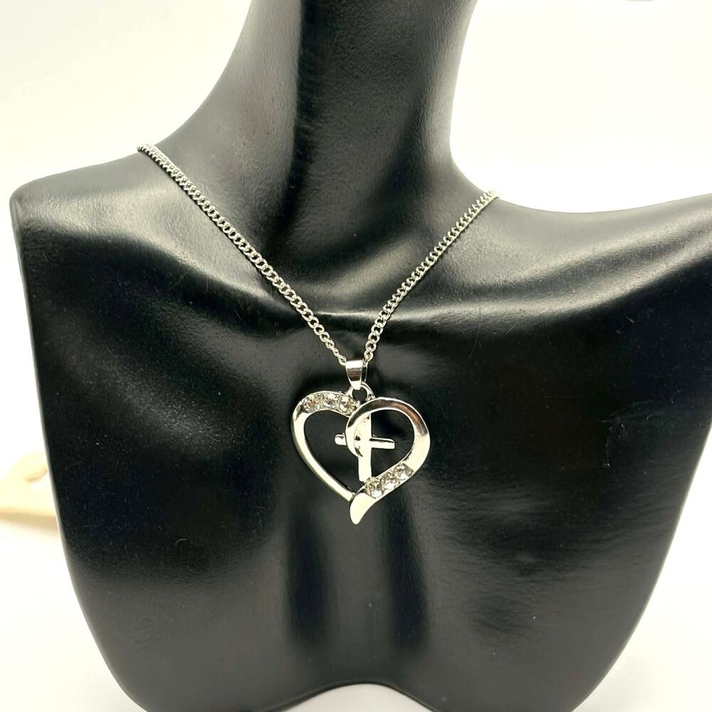 Silver Crystal Cross Heart Necklace